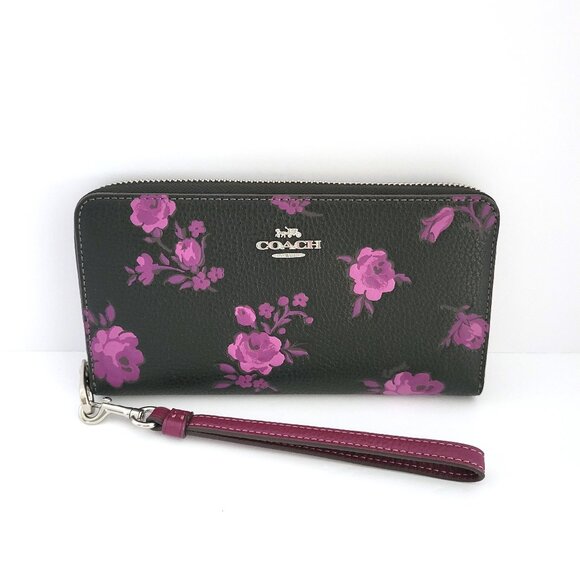 Coach CCL36 Long Zip Around Wallet Floral Print Pebbled Leather Black Purple - Picture 1 of 7